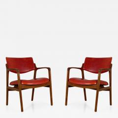 Pair of armchairs in teak with seat and back upholstered in leather - 2144847