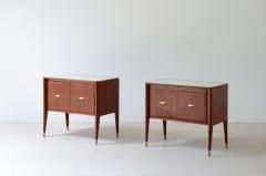 Pair of bedside tables with tapered legs brass tips and handles  - 3732389