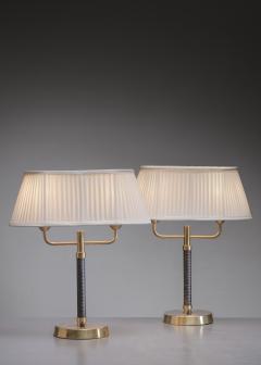 Pair of brass and leather table lamps - 3607139