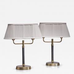 Pair of brass and leather table lamps - 3610615