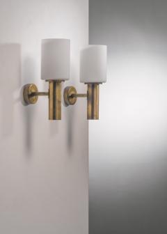 Pair of brass and opaline glass wall lamps - 3709014