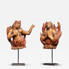 Pair of carved oak Souls in Purgatory male and female 17th C Southern Europe - 4492174