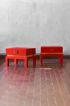 Pair of china red bedside tables with brass details from the 1970s - 3639123