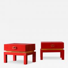 Pair of china red bedside tables with brass details from the 1970s - 3652078