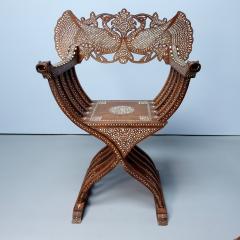 Pair of early 20th century inlaid Mughal Savonarola armchairs mahogany and bone - 4316387