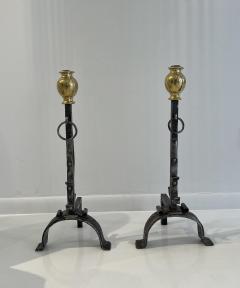 Pair of elegant Italian baroque period polished steel and brass andirons - 3509511