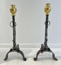 Pair of elegant Italian baroque period polished steel and brass andirons - 3509514