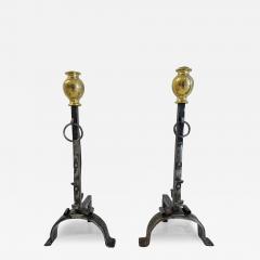 Pair of elegant Italian baroque period polished steel and brass andirons - 3514695