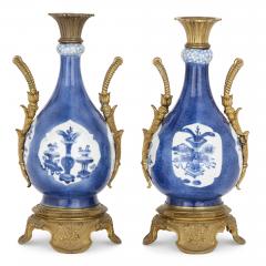 Pair of gilt bronze and Chinese blue and white porcelain vases - 1255965