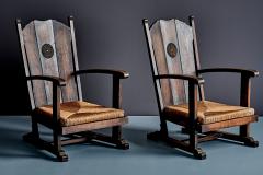 Pair of high Back Armchairs with carved Details and Rush Seats - 4760915