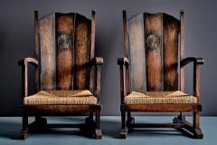 Pair of high Back Armchairs with carved Details and Rush Seats - 4760954