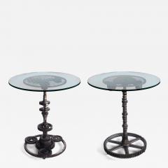 Pair of industrial cast iron gear wheel tables with circular glass tops - 2420520