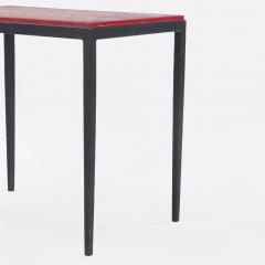 Pair of iron and deep red leather end tables in the manner of Jean Michel Frank  - 3702533