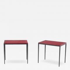 Pair of iron and deep red leather end tables in the manner of Jean Michel Frank  - 3706314