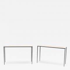 Pair of iron and parchment console tables having tapered legs  - 3600683