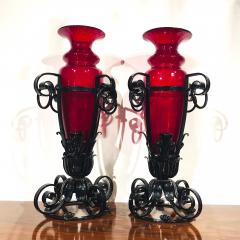 Pair of iron and red glass vases Italy 1920 - 925006