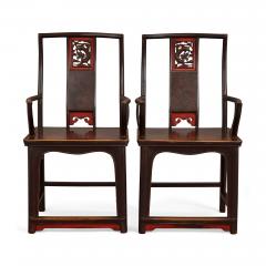 Pair of lacquered and painted Chinese yoke back armchairs - 2805371