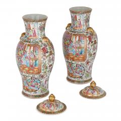 Pair of large Canton style famille rose porcelain vases - 2805349
