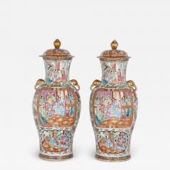 Pair of large Canton style famille rose porcelain vases - 2813082