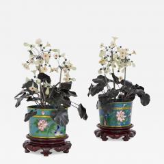Pair of large Chinese hardstone jade and cloisonn enamel flower models - 3611087
