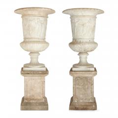 Pair of large very fine carved marble garden urns of campana form with plinths - 3178349