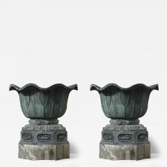 Pair of massive patinated bronze Li n flower form vases - 4010345