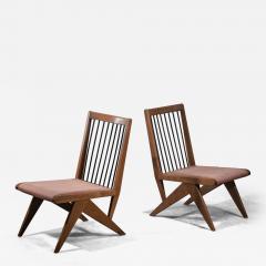 Pair of oak side chairs with fabric seating - 2980181
