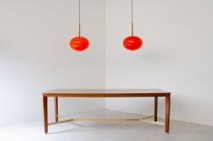Pair of pendant chandeliers with wooden stem and red blown glass diffuser - 2434567