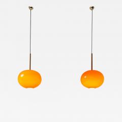 Pair of pendant chandeliers with wooden stem and red blown glass diffuser - 2440569