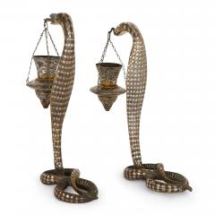 Pair of silver inlaid brass Art Deco serpent candle holders - 2965564