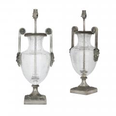 Pair of silvered bronze and cut glass urn lamp bases in the French Empire style - 2676586