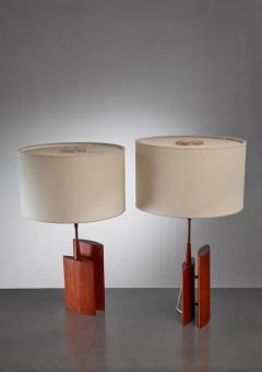 Pair of table lamps with two ellipsoid wood parts and brass stem Denmark 1960s - 760289