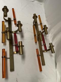 Pair of tall 1970s brass and lucite sconces - 3985595
