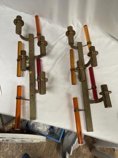 Pair of tall 1970s brass and lucite sconces - 3985596