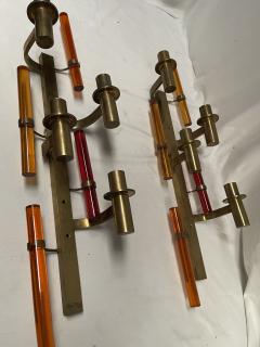 Pair of tall 1970s brass and lucite sconces - 3985601