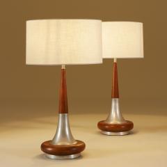 Pair of tall mid century modern American walnut and brass table lamps - 2696624