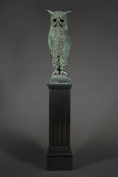 Pair of verdigris bronze and copper sculptures of standing great horned owls - 4740825