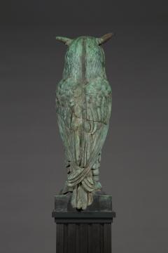 Pair of verdigris bronze and copper sculptures of standing great horned owls - 4740827
