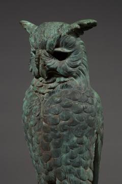 Pair of verdigris bronze and copper sculptures of standing great horned owls - 4740829