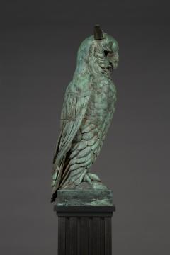 Pair of verdigris bronze and copper sculptures of standing great horned owls - 4740830