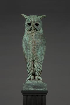 Pair of verdigris bronze and copper sculptures of standing great horned owls - 4740831