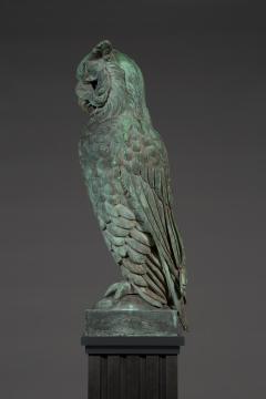 Pair of verdigris bronze and copper sculptures of standing great horned owls - 4740832