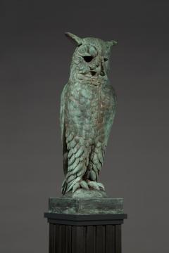 Pair of verdigris bronze and copper sculptures of standing great horned owls - 4740833
