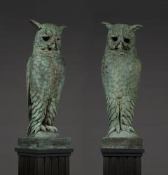 Pair of verdigris bronze and copper sculptures of standing great horned owls - 4740836