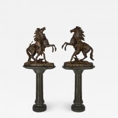 Pair of very large patinated bronze Marly horses with marble pedestals - 1545235