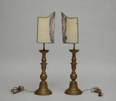 Pair of vintage brass pricket candlestick lamps with TImney Fowler shades - 1373059