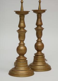 Pair of vintage brass pricket candlestick lamps with TImney Fowler shades - 1373068