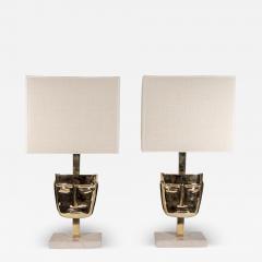 Pair of vintage brass sculpture face mask table lamps - 4475383