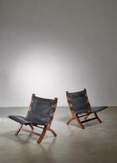 Pair of wood and leather sling chairs 1950s - 1143192