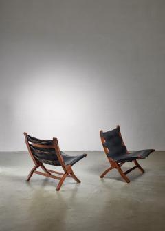 Pair of wood and leather sling chairs 1950s - 1143193